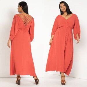 Eloquii Plus Women's Burnt Orange Button Front Strappy Cut Out Back Maxi Dress